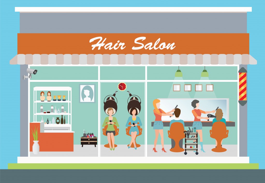 Hair salon building and interior with customer, hairdresser, barber, hair style, hair cut, hair care, hair fashion model,vector illustration.