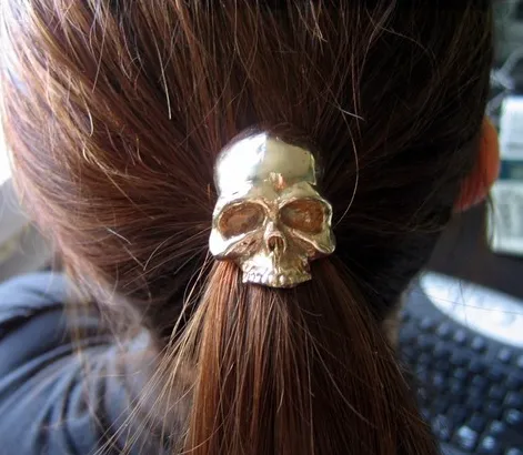 Solid Bronze Human Skull Pony tail Holder
