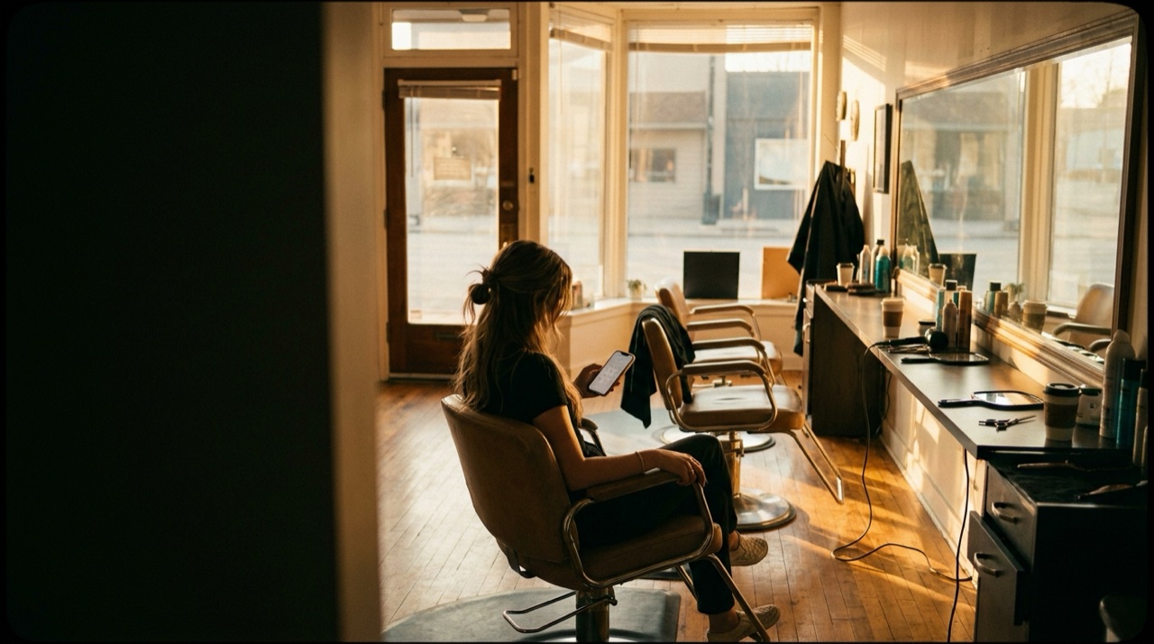 A hairstylist sits in her own chair in an empty salon at golden hour, reviewing her phone after the workday ends.