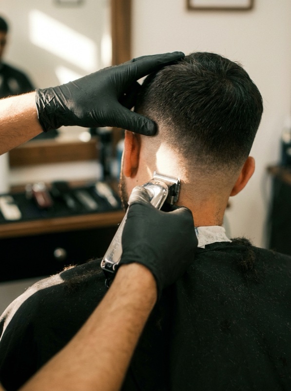 A barber in black gloves finishing the neckline of a fade with clippers