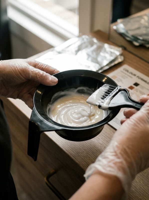 Gloved hands mixing hair colour in a black bowl with a tint brush