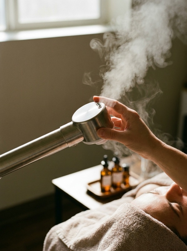 An esthetician directing a facial steamer over a client wrapped in a towel