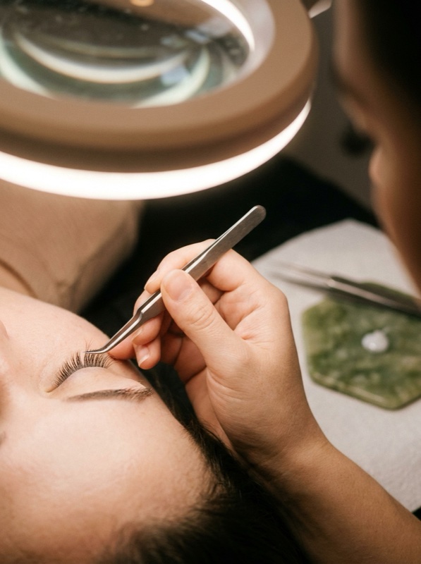 A lash artist applying extensions with tweezers under a ring light