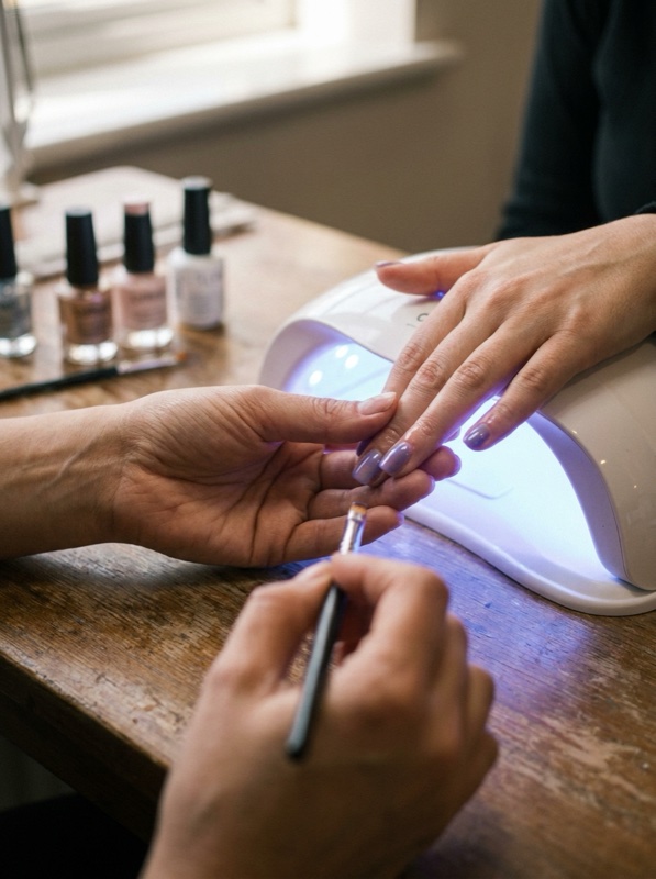 A nail tech painting a client’s nails beside a curing lamp