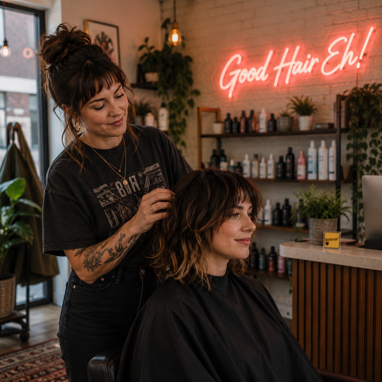 A Canadian salon stylist colouring a client's hair behind the chair, with a 'Good Hair Eh!' neon sign on the brick wall and an Interac payment terminal on the counter