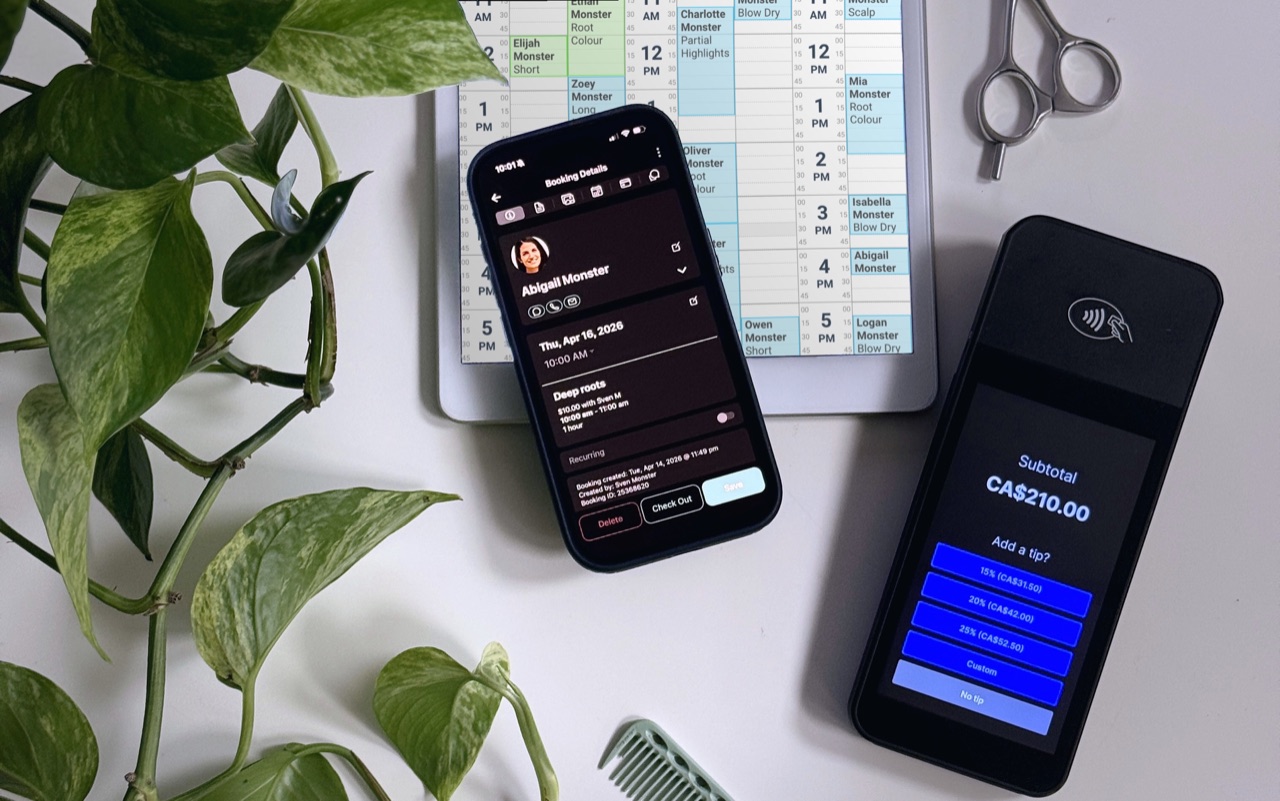 salonMonster app showing booking details on iPhone, appointment calendar on iPad, and payment terminal with tipping screen