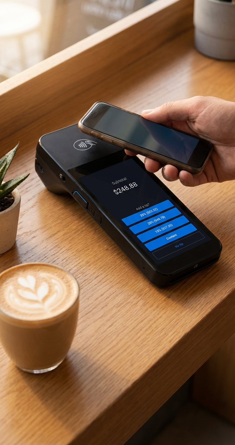 Client tapping phone to pay on payment terminal