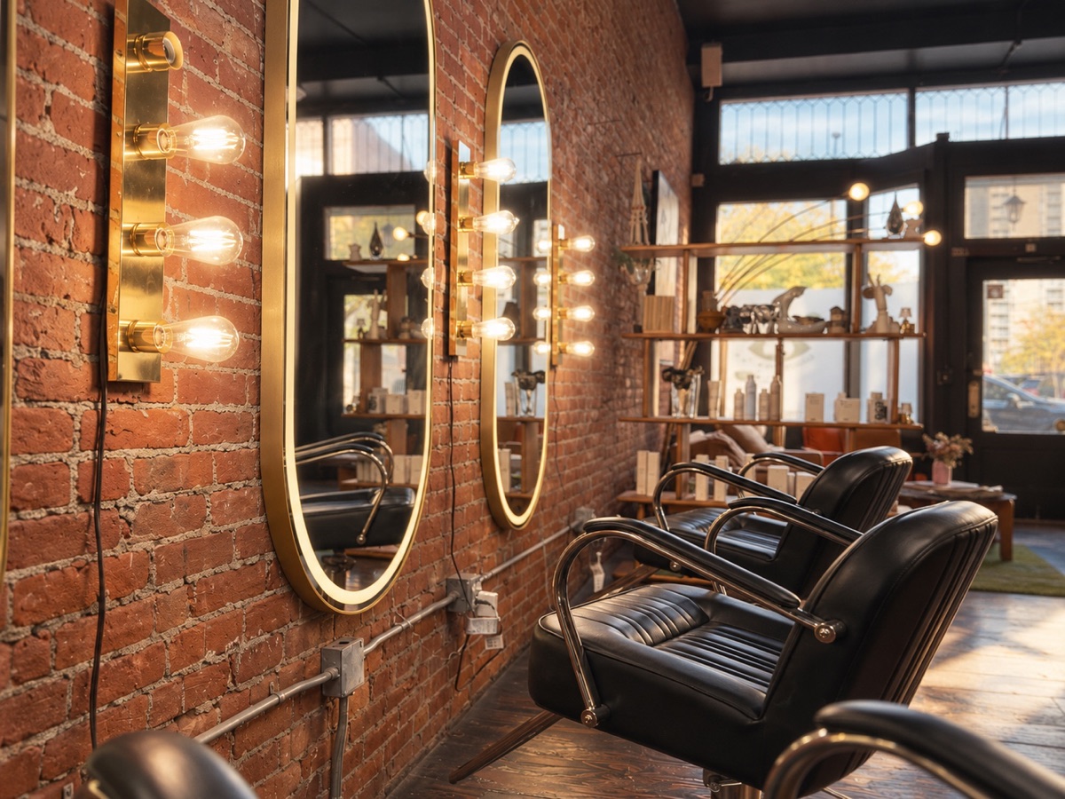 Salon styling chairs facing gold-framed mirrors on a brick wall