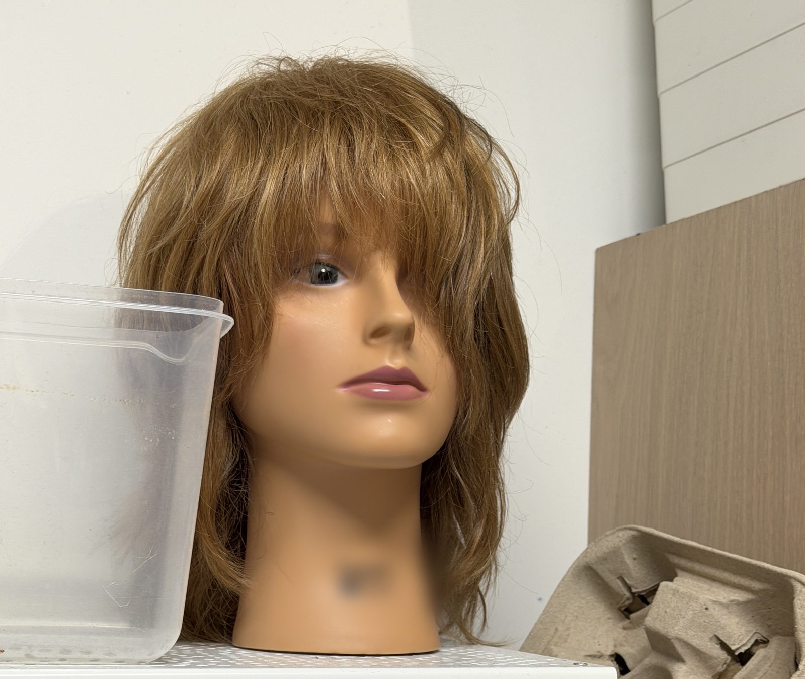 A tousled mannequin practice head wedged sideways on a cluttered storage shelf between a bin and an egg carton.