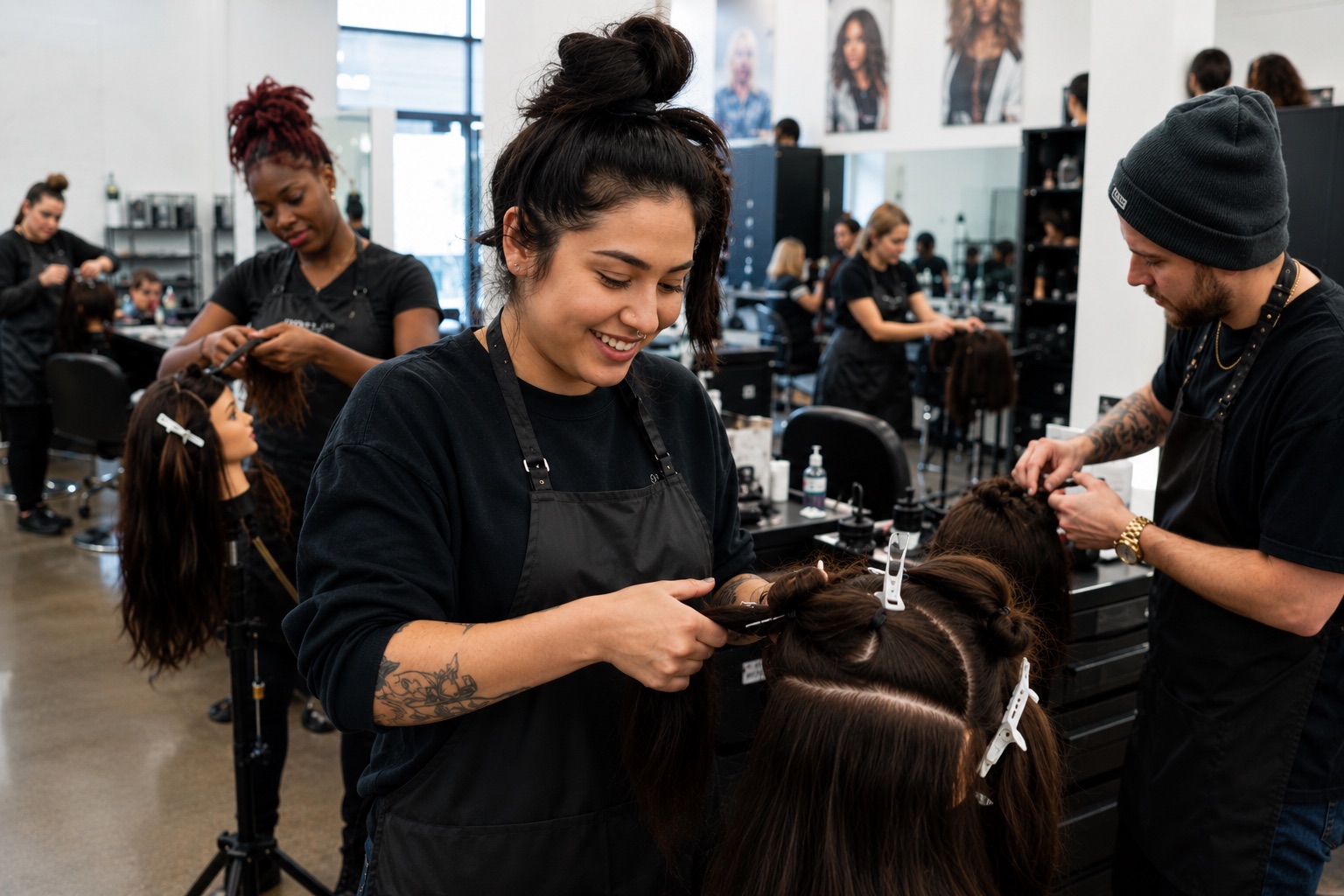 Students in black aprons practising on mannequin heads and clients across a busy cosmetology school floor